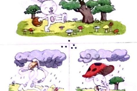 下雨了小兔子用蘑菇撑伞看图写话