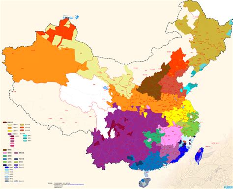 中国汉语方言区分布图