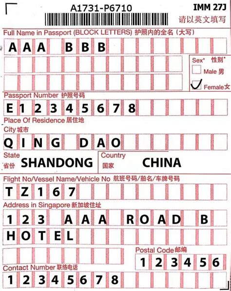 新加坡入境卡填写样本