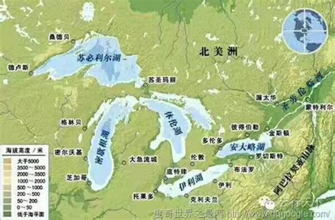 美国的五大湖的地理图