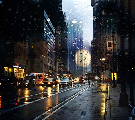 美国纽约雨后夜景